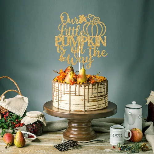 Miniatura 3 de Decoración para tartas con purpurina dorada, «Our Little Pumpkin is on the Way», «Sweet Little Pumpkin/A Little Pumpkin is on the Way», decoración