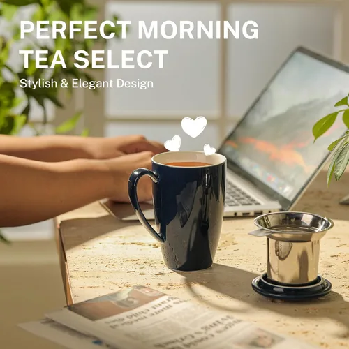 Miniatura 5 de Sweese Taza de té de cerámica de 15oz con infusor y tapa, apta para microondas y lavavajillas, infusor de té de hojas sueltas extra fino, asa Azul