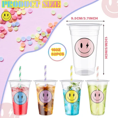 Miniatura 2 de Norme Juego de 52 vasos de plástico con tapa de cara sonriente de 16 onzas, tazas de café helado desechables transparentes con rayas