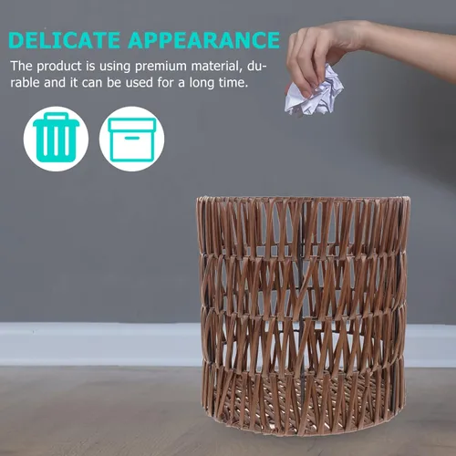 Miniatura 9 de PRETYZOOM Bote de basura de mimbre para decoración del hogar, marrón, parte superior abierta
