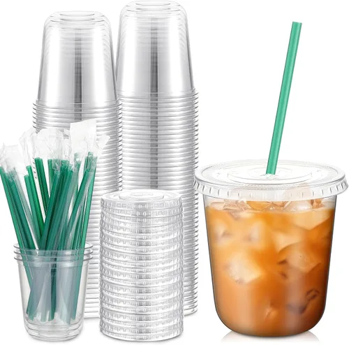 Miniatura 9 de Baderke Juego de 25 vasos de plástico con tapas y pajitas, tazas de plástico desechables para café helado, jugo, batido, cristal para cafeterías