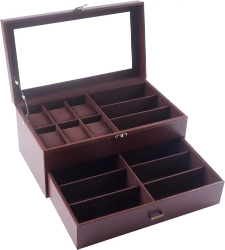Miniatura 2 de AUTOARK Caja de cuero y terciopelo para 6 relojes, caja de joyería y 9 piezas de almacenamiento para lentes de sol y gafas de sol, cajón organizador