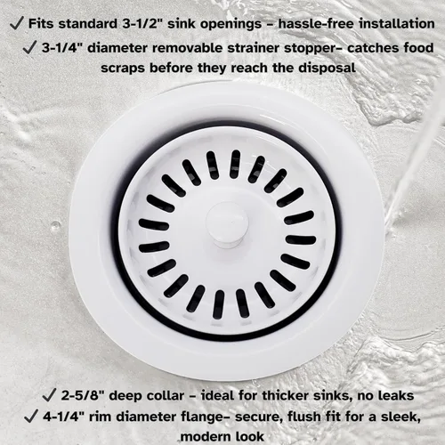 Miniatura 8 de Westbrass D2082S-50 3-1/2" Cuello Extra-Profundo Fregadero de Cocina Eliminación de Residuos Brida y Tapón Colador, Revestimiento en Polvo Blanco