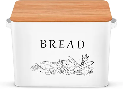Miniatura 8 de P&P CHEF Panera para encimera de cocina, contenedor de almacenamiento de pan de metal con tapa de corte de madera, gran capacidad para sostener más