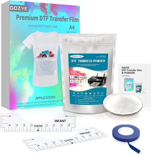 Juego de película de transferencia DTF y polvo DTF, kit de inicio de película DTF para impresora DTF, película de PET A4 de 20 hojas, polvo
