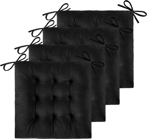 ELFJOY Paquete de 4 cojines para sillas de comedor, cojines para sillas de cocina, oficina, cojín cuadrado copetudo con lazos (terciopelo negro de