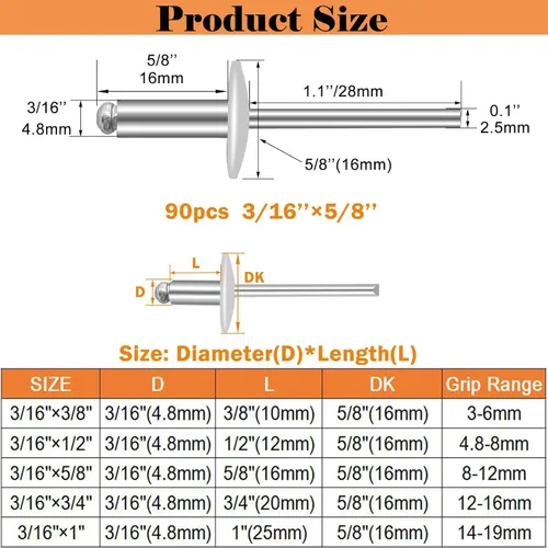 Miniatura 2 de 90 remaches ciegos de aluminio con brida grande, 3/16 pulgadas x 5/8 pulgadas, diámetro de brida 5/8 pulgadas (0.630 in), kit surtido de remaches