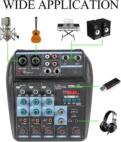 Miniatura 4 de Dj Mixers - Mezclador de audio de 4 canales con Bluetooth, interfaz de audio USB portátil con alimentación fantasma de 48 V, tablero mezclador