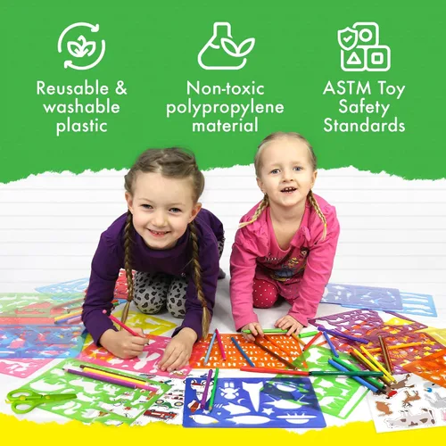 Miniatura 8 de Kit de plantillas de dibujo para niños, juego de 60 piezas de arte con más de 370 formas, bloc de bocetos y lápices de colores para manualidades
