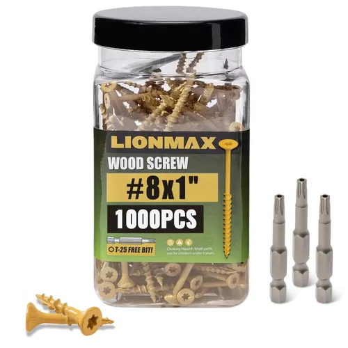 LIONMAX Tornillos para madera de 1 pulgada, tornillos de cubierta #8 x 1, 1000 unidades, resistentes a la corrosión, revestimiento epoxi, tornillo