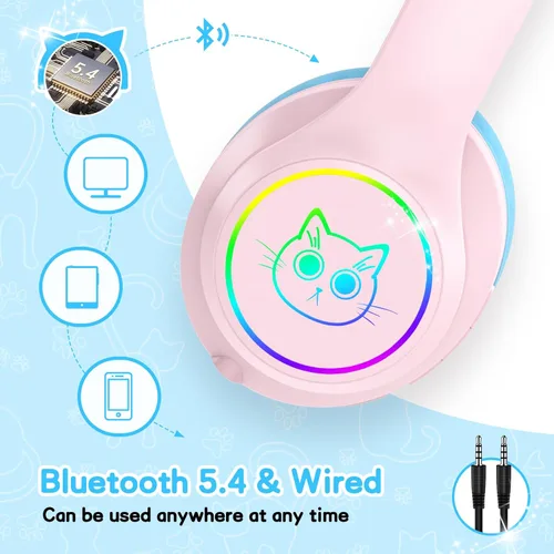Miniatura 2 de LOBKIN Auriculares Bluetooth para Niños, Auriculares Inalámbricos Sobre la Oreja para Niños con Micrófono, 50H de Reproducción, Luces LED Coloridas