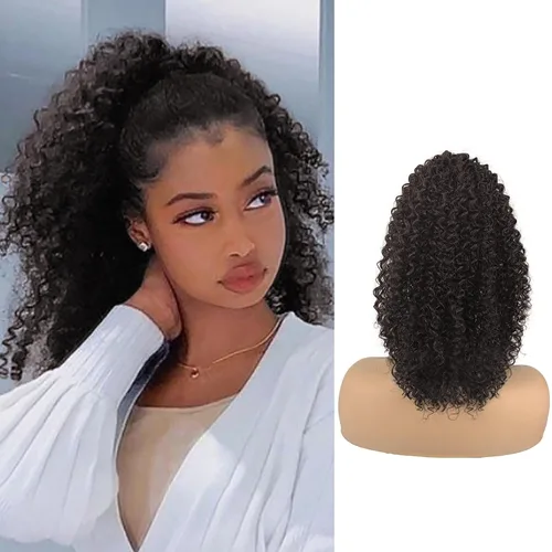 Miniatura 10 de Extensión de cola de caballo rizada profunda con cordón para mujeres negras, extensiones de cabello sintético con 2 clips, 14 pulgadas (1B)