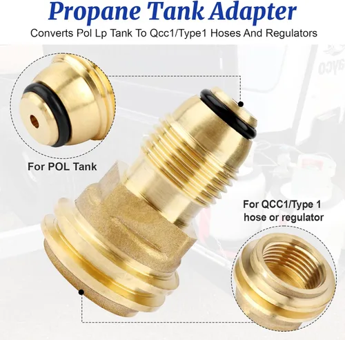 Miniatura 3 de Adaptador de tanque de propano de latón que convierte la válvula de servicio de tanque POL LP en manguera QCC1/tipo 1 o adaptador de propano