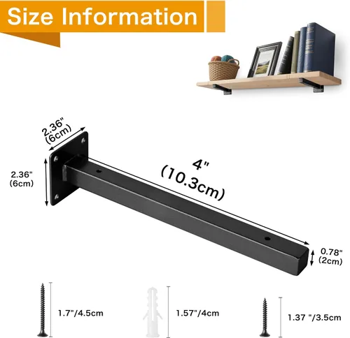 Miniatura 2 de 6 piezas soportes de estante negros de 4 pulgadas resistentes para estantes de pared de metal, soportes de estantería flotantes industriales