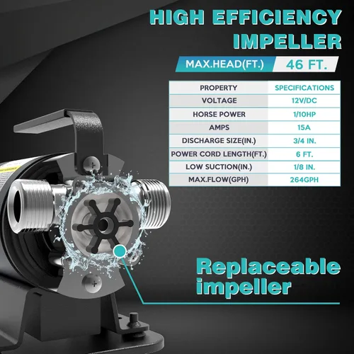 Miniatura 4 de Acquaer Bomba de transferencia de agua DC 12V 1/10HP Bomba eléctrica portátil de extracción de agua con interruptor y kit de manguera de succión
