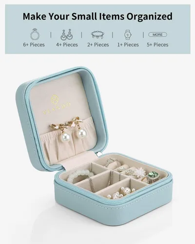 Miniatura 2 de Vlando Pequeña caja de joyería pequeña, caja de almacenamiento de joyas de viaje de piel sintética, aretes, anillos, collares, el mejor regalo