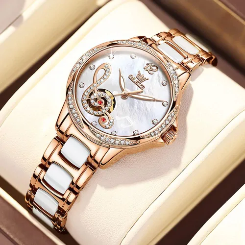 Miniatura 5 de OLEVS Relojes para mujer, de cuerda automática, oro rosa, diamante, reloj de pulsera mecánico automático, acero inoxidable, dos tonos, pulsera