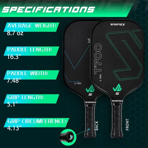 Miniatura 2 de Paleta de pickleball T700 de fibra de carbono cruda, raqueta de pickleball termoformada con núcleo de panal de polipropileno de 0.63 pulgadas, X PRO