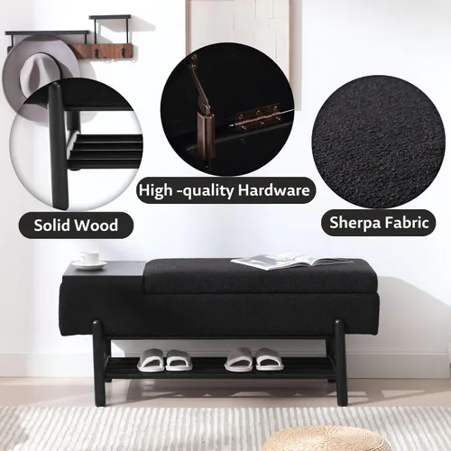 Miniatura 3 de ROCITY Banco de almacenamiento moderno negro con asiento de cojín y patas de madera, 46.5 x 19.25 x 16 pulgadas Lana de cordero negra