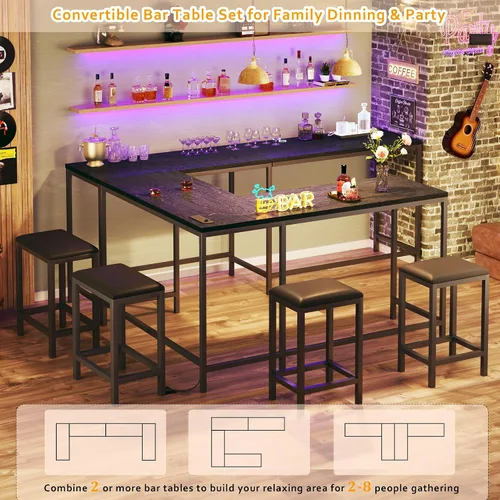 Miniatura 5 de HUAHUU Juego de mesa de bar y sillas para 2-4, mesa de cocina convertible en forma de L de 63 pulgadas con tomas de corriente, mesa de comedor