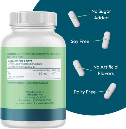 Miniatura 3 de BESTVITE Quelato de zinc 50 mg (240 cápsulas vegetarianas) - Sin estearatos - Sin fosfato dicálcico - Vegano - Sin OMG - Sin gluten