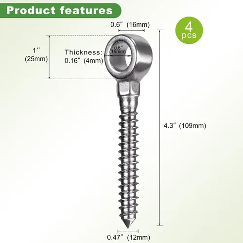 Miniatura 5 de Insaga Bisagras de puerta de acero inoxidable 304 para cercas de madera, bisagra de ojo de tornillo de una pieza resistente con diámetro de orificio