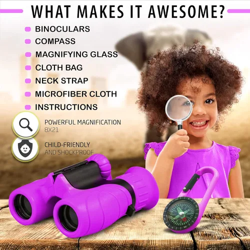 Miniatura 3 de Prismáticos para niños – Juguete perfecto para niños pequeños y niñas – Juego extenso incl. Lupa y brújula – Potente magnificación 8X21 – Niños de 3