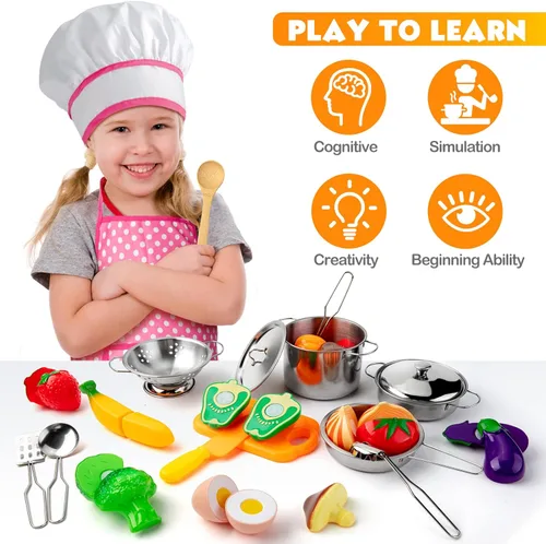 Miniatura 2 de Tigerhu 26 accesorios de cocina de juguete, juguetes de cocina con utensilios de cocina de acero inoxidable, delantal y sombrero de chef, juego