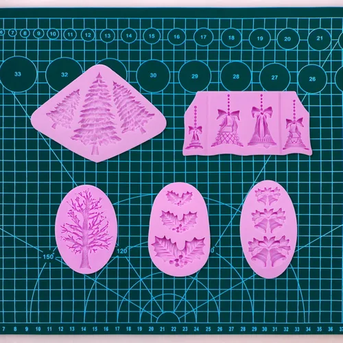 Miniatura 4 de Molde de silicona para árbol de pino, moldes de fondant de campanas de Navidad, molde para hornear chocolate con hojas de acebo para decoración