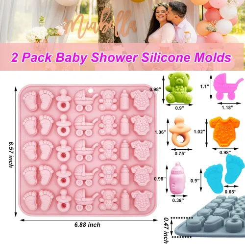 Miniatura 2 de Paquete de 2 moldes de silicona para baby shower, 35 cavidades para pies de bebé, con botella 3D, para chupete, patrón de oso carruaje para fiesta