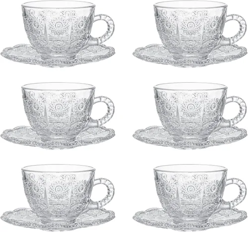 Juego de 6 tazas de té y platillos de vidrio, tazas de café vintage con cuchara de acero inoxidable, tazas de té aptas para lavavajillas y