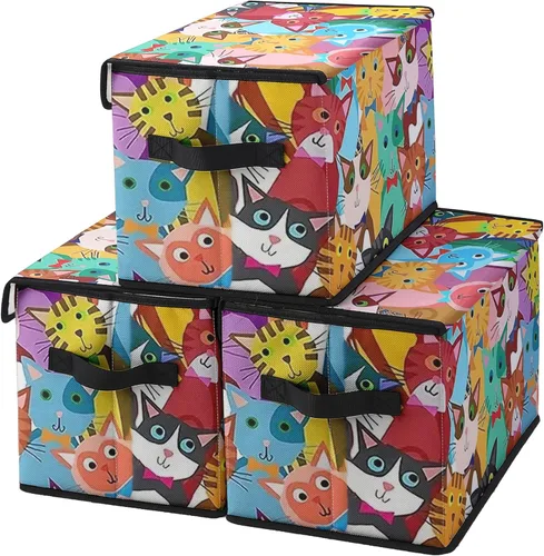 Contenedores de almacenamiento apilables para ropa con tapas, organizadores de clóset con estampado de gatos de tela para el hogar y la oficina,