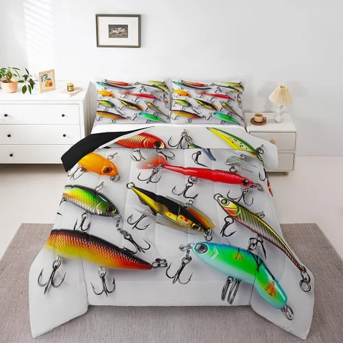 Erosebridal Juego de ropa de cama de pesca tamaño individual, juego de edredón de peces coloridos para niños, adolescentes, hombres, pescadores,