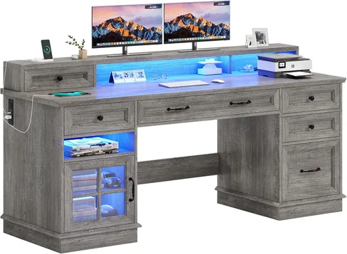 Miniatura 8 de BTHFST Escritorio ejecutivo estilo granja con cajón para archivos, escritorio para computadora con estación de carga y luces LED, escritorio de Gris