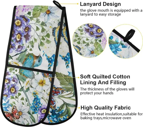Miniatura 4 de ZZXXB Spring Bird - Guantes de cocina dobles con diseño floral de mariposa, resistentes al calor, antideslizantes, extra largos de 7 x 35 pulgadas