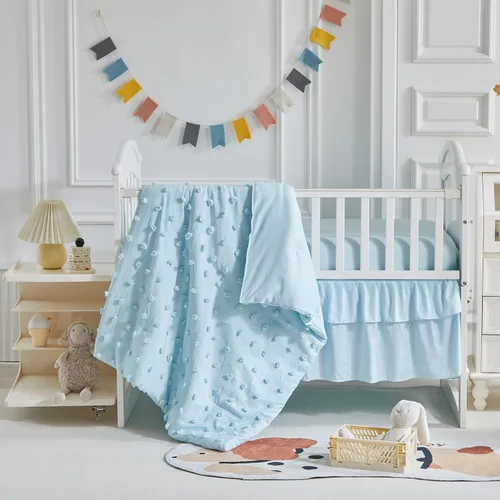 Miniatura 10 de Juego de ropa de cama rosa para cuna, edredón jacquard con lunares copetudos, sábana bajera y falda de cama, bonito bordado, bohemio, shabby chic