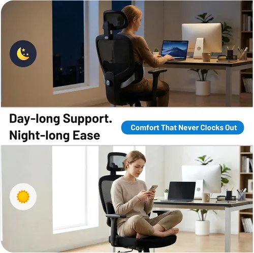 Miniatura 11 de Silla ergonómica de escritorio de oficina, silla de computadora de malla transpirable con respaldo alto, soporte lumbar 3D, reposacabezas 2D