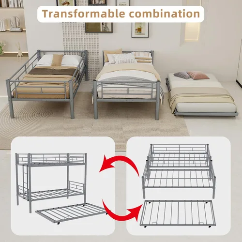 Miniatura 8 de GNIXUU Litera de metal individual sobre cama individual con nido, litera resistente con escaleras y barandilla de seguridad, marcos de cama Plateado