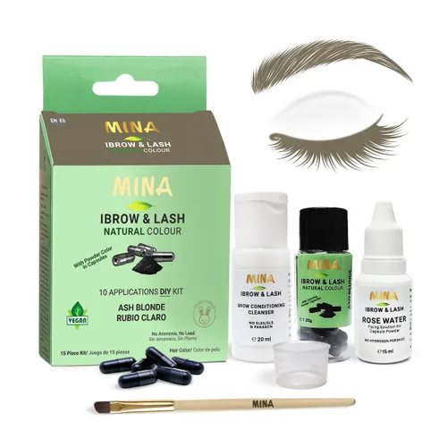 Mina - Kit de tinte para cejas y pestañas rubio ceniza | Kit de coloración natural y tinte de cejas en polvo en cápsulas, agua y manchas | Tinte
