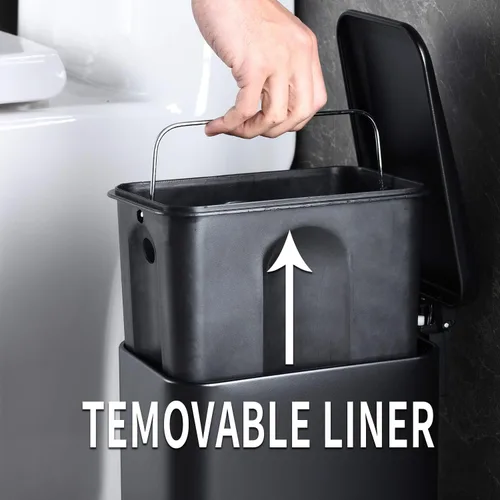 Miniatura 4 de HILFA Basurero compacto de acero inoxidable con escalón rectangular de 5 litros/1.3 galones, baño y cocina, negro mate, SB3200-MB