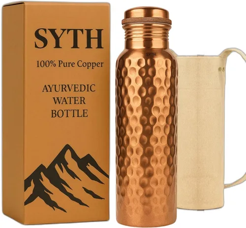 SYTH Botella de agua de cobre 100% puro con bolsa de lona de transporte, probada en laboratorio, 34 onzas, a prueba de fugas, recipiente de cobre