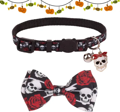 Miniatura 6 de ADOGGYGO Collares de gato de Halloween con campana de lazo, collar de moño para gatito, tela de araña, calavera, collares de Halloween para niñas