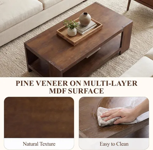 Miniatura 3 de chairus Mesa auxiliar de 47 pulgadas con almacenamiento de 2 niveles, mesa central rectangular de granja con patas de madera de pino maciza