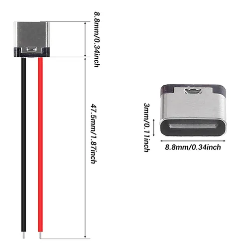 Miniatura 2 de 8pcs Bare Board Type-C Female Chassis Waterproof 2P Solder Wire Type USB C Pigtail Cable Extension Power Cable USB-C Plug to 2 Pin Bare Wire Open