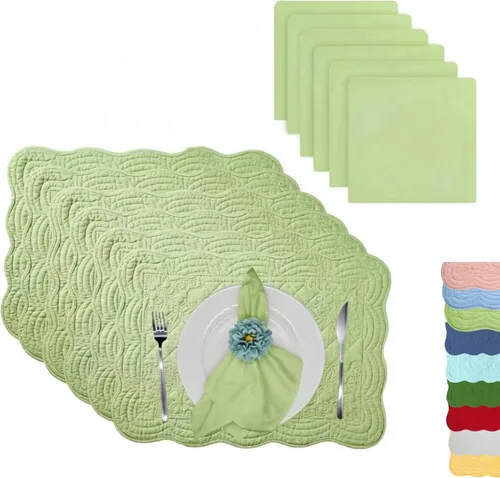 Miniatura 22 de Juego de 4 manteles individuales acolchados de algodón con servilletas a juego, manteles de mesa y servilletas de tela 100% algodón, juego de 8