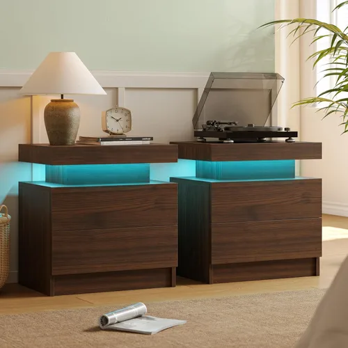 Miniatura 8 de Juego de 2 mesitas de noche con 2 cajones de madera, moderna mesita de noche LED para dormitorio LED Night Stand set 2,Night Stands set of 2 for
