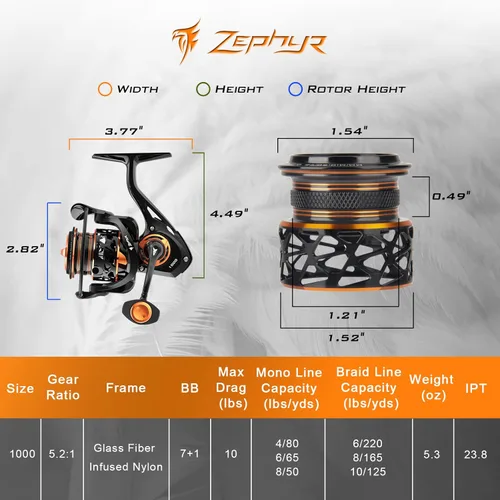 Miniatura 7 de KastKing Zephyr Spinning Reels – 7+1/6+1 BB – Carbon Fiber Drag – Stainless Steel Shaft – Aluminum & CNC Spool – Black/Green/Orange – Sizes 500/1000