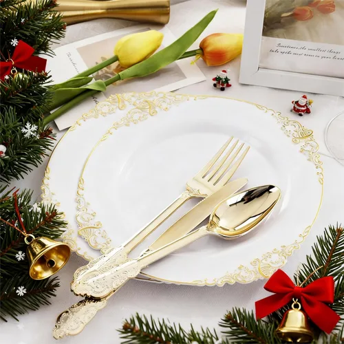 Miniatura 4 de Liacere 50 platos de plástico dorado – platos desechables de postre – platos dorados y blancos de 7.5 pulgadas – Platos de plástico blanco y dorado