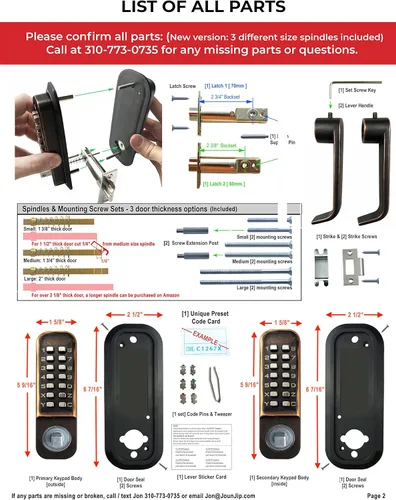 Miniatura 5 de JOUNJIP Cerradura de puerta con manija de combinación mecánica sin llave [husillos planos], sin baterías, sin energía, no necesita llave