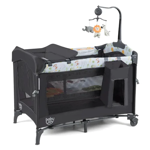 Baby Joy Paquete y juego 4 en 1, cama de noche para bebé con moisés, 3 alturas ajustables, caja de música, fácil de instalar, cuna plegable con